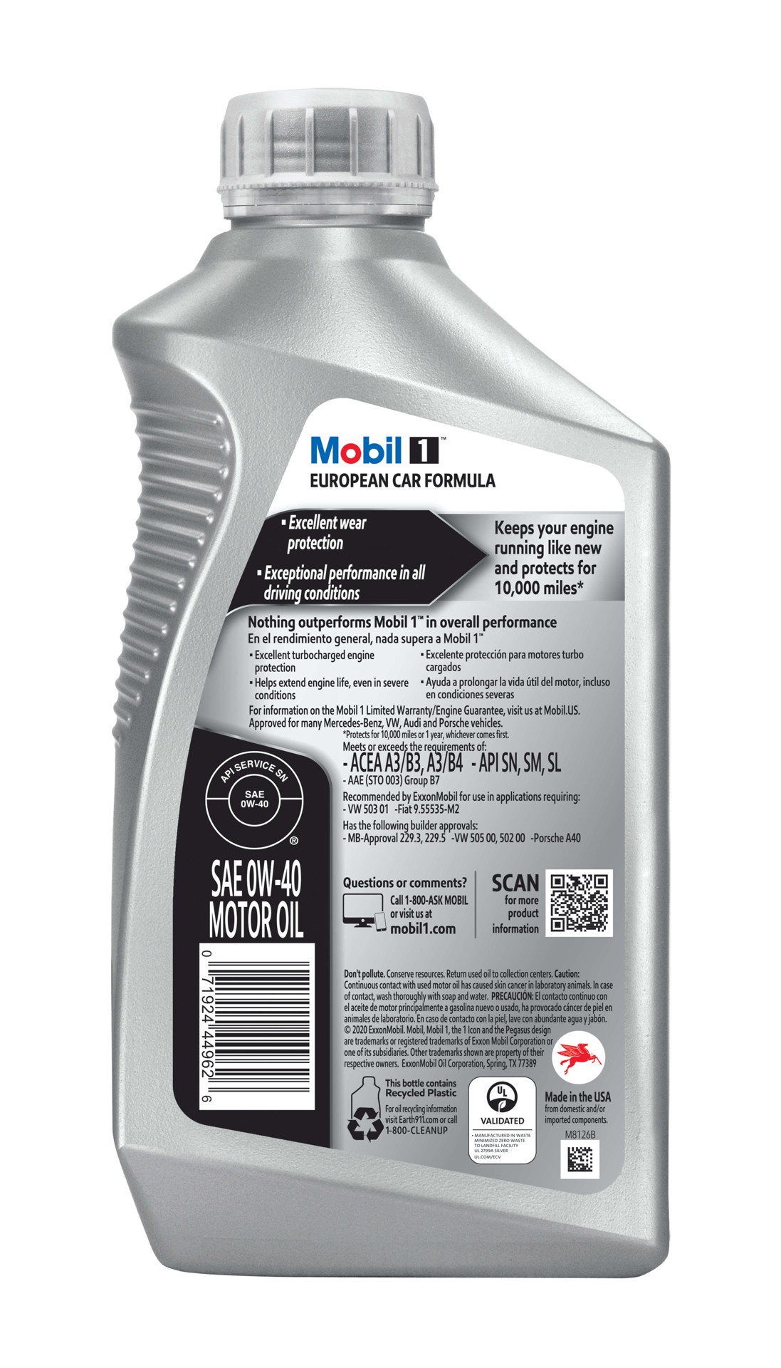 slide 2 of 2, Mobil 1 European Car Formula Mobil 1 FS European Car Formula Full Synthetic Motor Oil 0W-40, 1 Quart, 1 qt