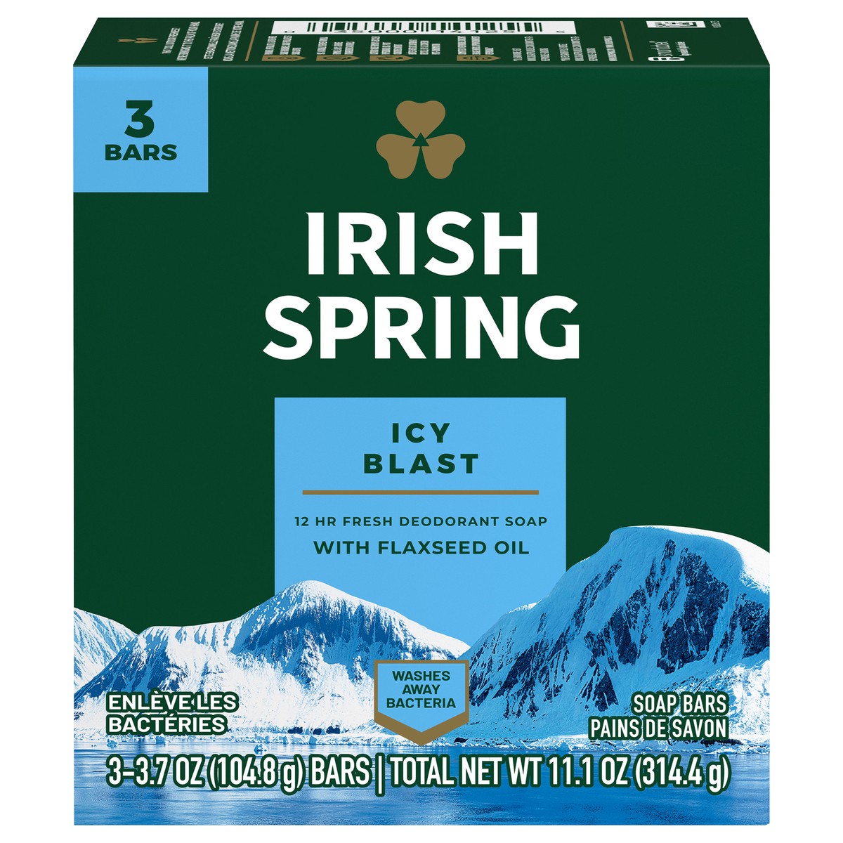 slide 1 of 7, Irish Spring Icy Blast Deodorant Bar Soap for Men, With Flaxseed Oil, 12 Hour Fresh Deodorant Soap, 3.7 Oz. Bar (3 Pk.), 3 ct