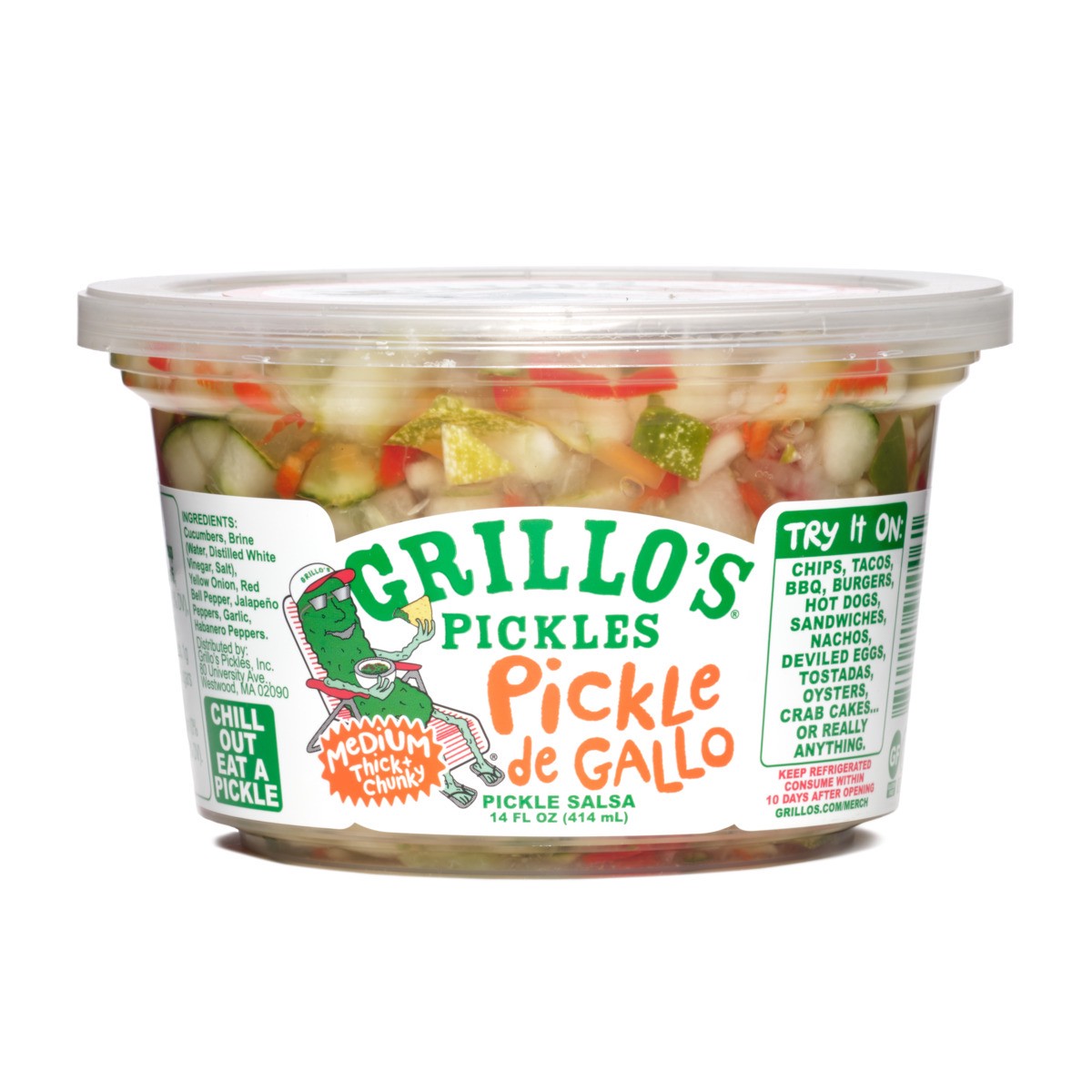 slide 1 of 13, Grillo's Pickles Medium Thick & Chunky Pickle de Gallo, 14 oz