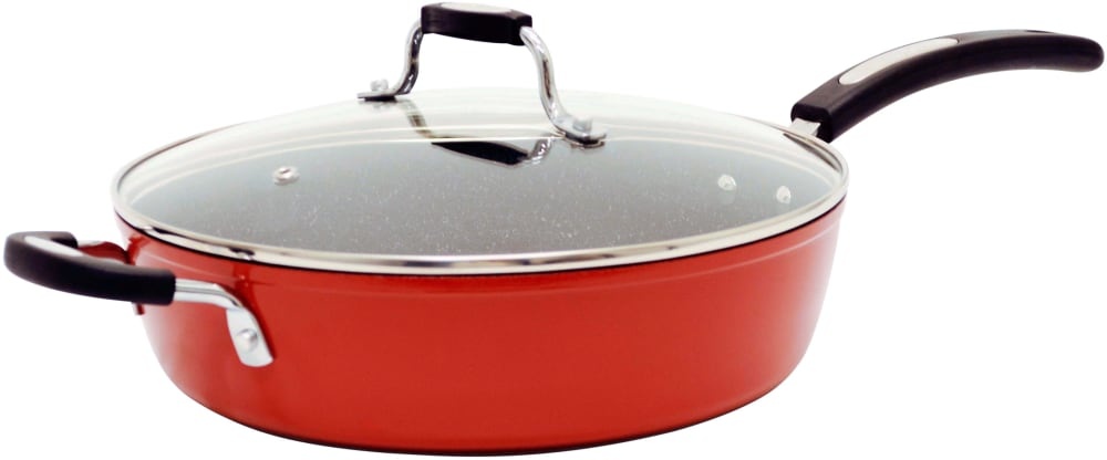 slide 1 of 1, Starfrit The Rock Deep Dish Frying Pan With Lid - Red, 11 in