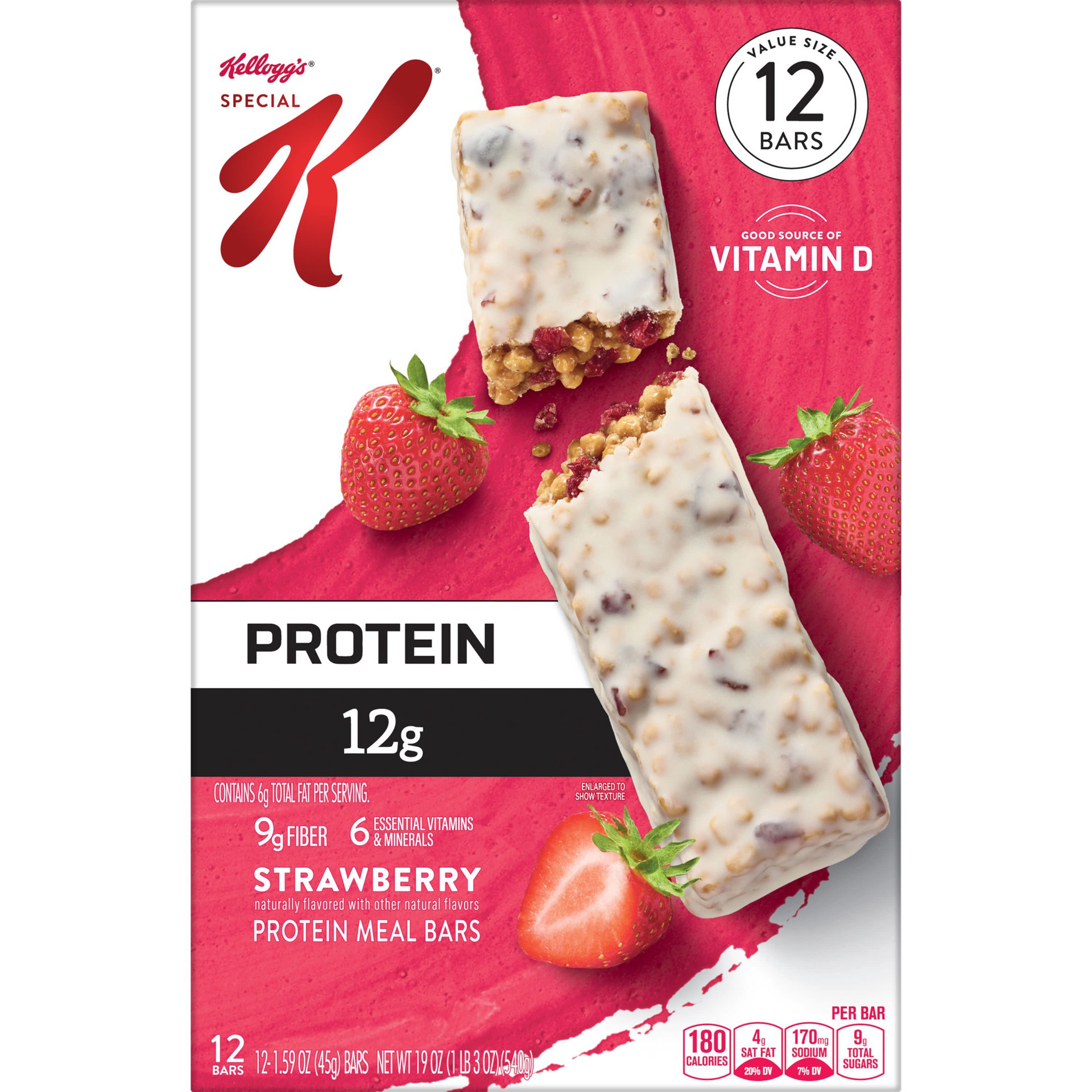 slide 4 of 5, Special K Bar Protein Meal Bars, 12g Protein Snacks, Meal Replacement, Value Size, Strawberry, 19oz Box, 12 Bars, 19 oz