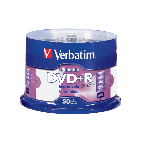 slide 1 of 1, Verbatim Life Series Dvd+R Printable Disc Spindle, Pack Of 50, 50 ct