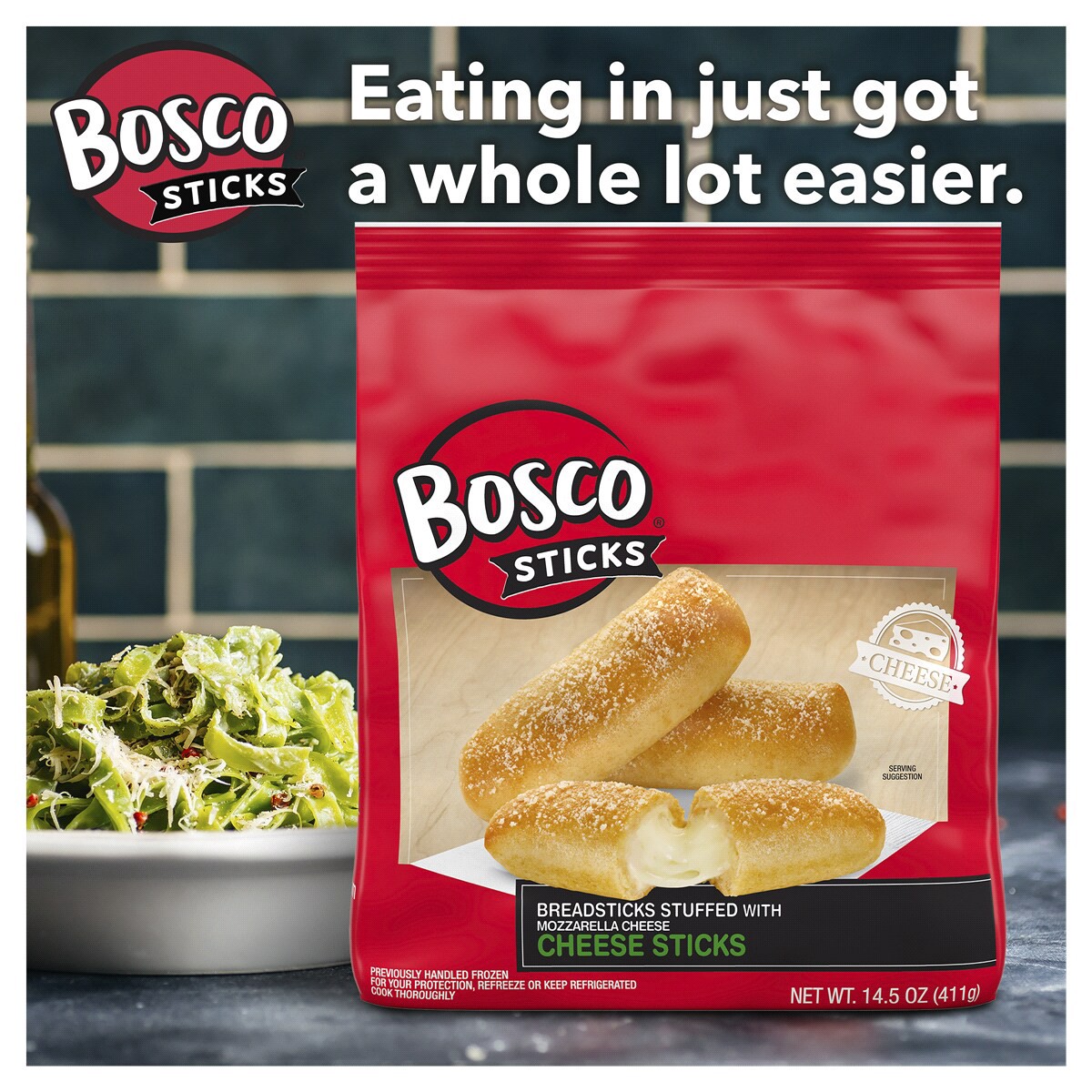 slide 28 of 29, Bosco's Mozzarella Cheese Stuffed Breadsticks, 14.5 oz (Frozen), 411.55 g
