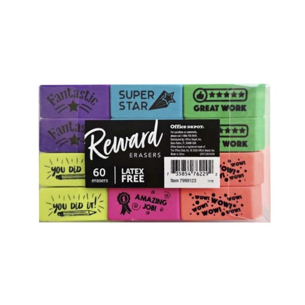 slide 1 of 2, Office Depot Brand Reward Erasers, Assorted Neon Colors, Pack Of 60 Erasers, 60 ct
