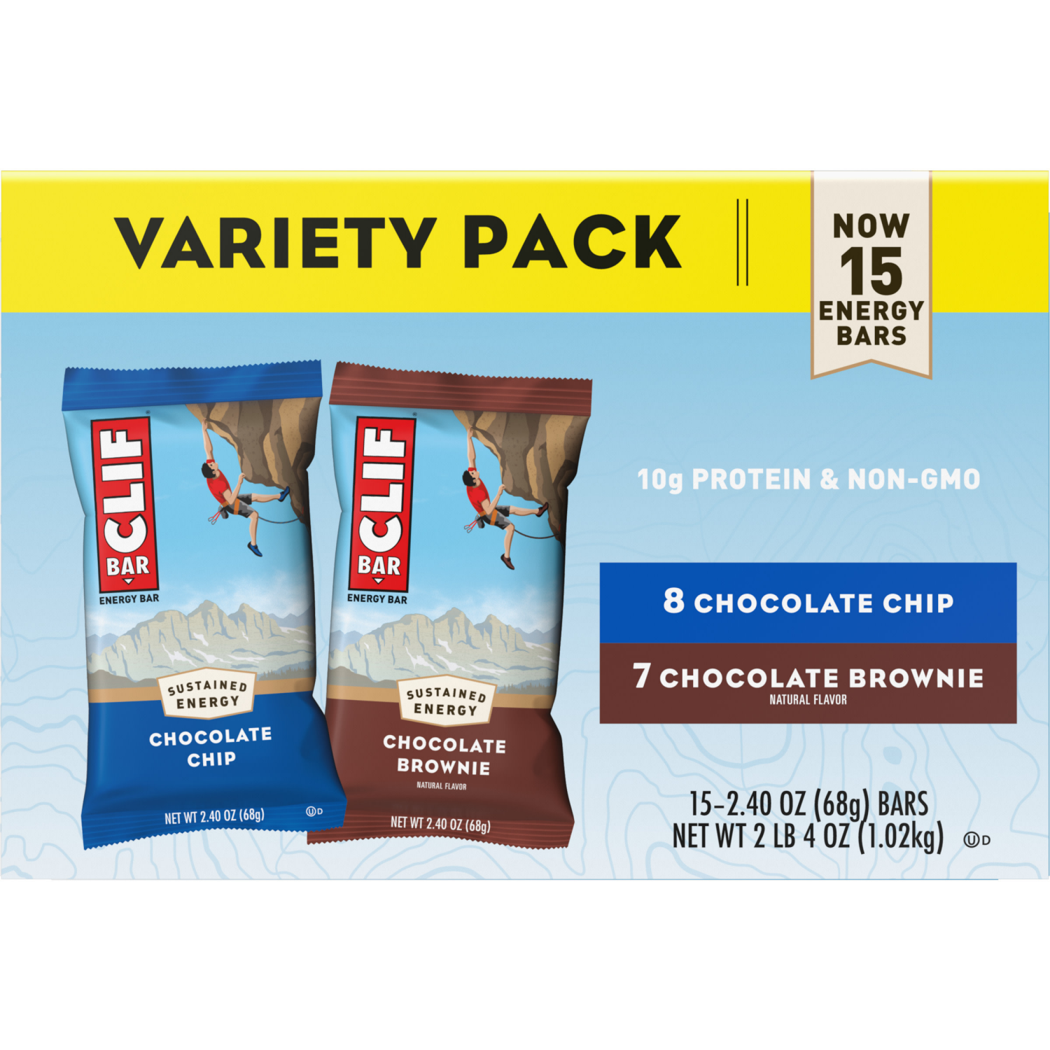 slide 8 of 8, CLIF BAR - Chocolate Chip and Chocolate Brownie - Variety Pack - Made with Organic Oats - 10g Protein - Non-GMO - Plant Based - Energy Bars - 2.4 oz. (15 Pack), 15 ct