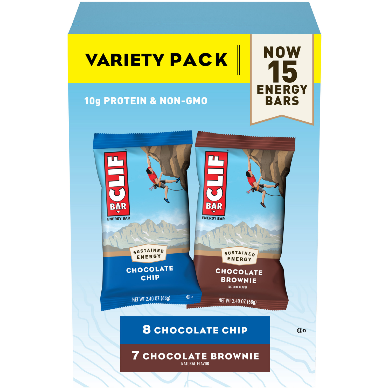 slide 1 of 8, CLIF BAR - Chocolate Chip and Chocolate Brownie - Variety Pack - Made with Organic Oats - 10g Protein - Non-GMO - Plant Based - Energy Bars - 2.4 oz. (15 Pack), 15 ct