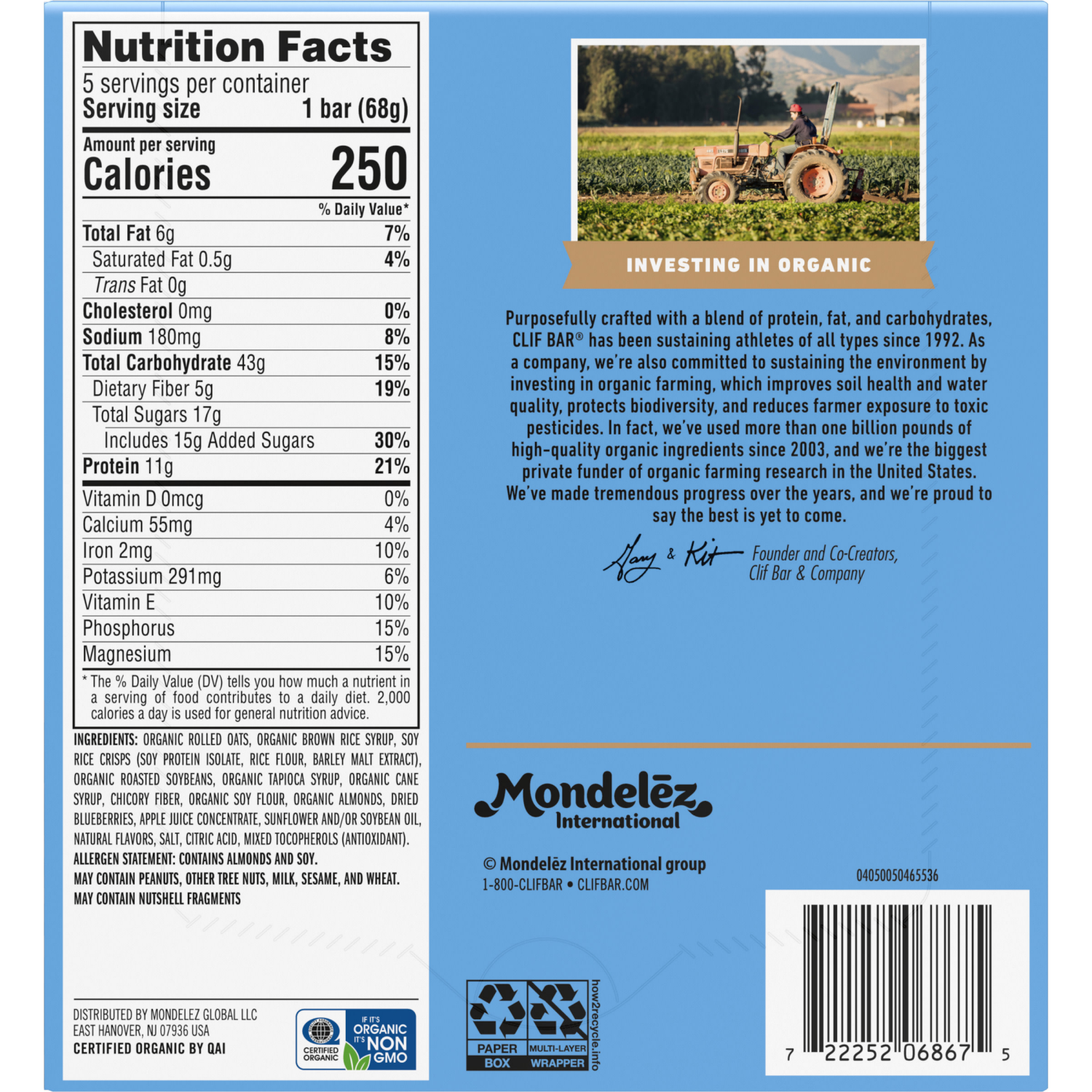 slide 8 of 8, CLIF BAR - Blueberry Almond Crisp - Made with Organic Oats - Energy Bars - Non-GMO - Plant Based Protein Bars (5 Pack), 5 ct