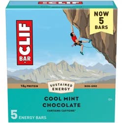 CLIF BAR - Cool Mint Chocolate with Caffeine - Made with Organic Oats - Energy Bars - Non-GMO - Plant Based Protein Bars (5 Pack)