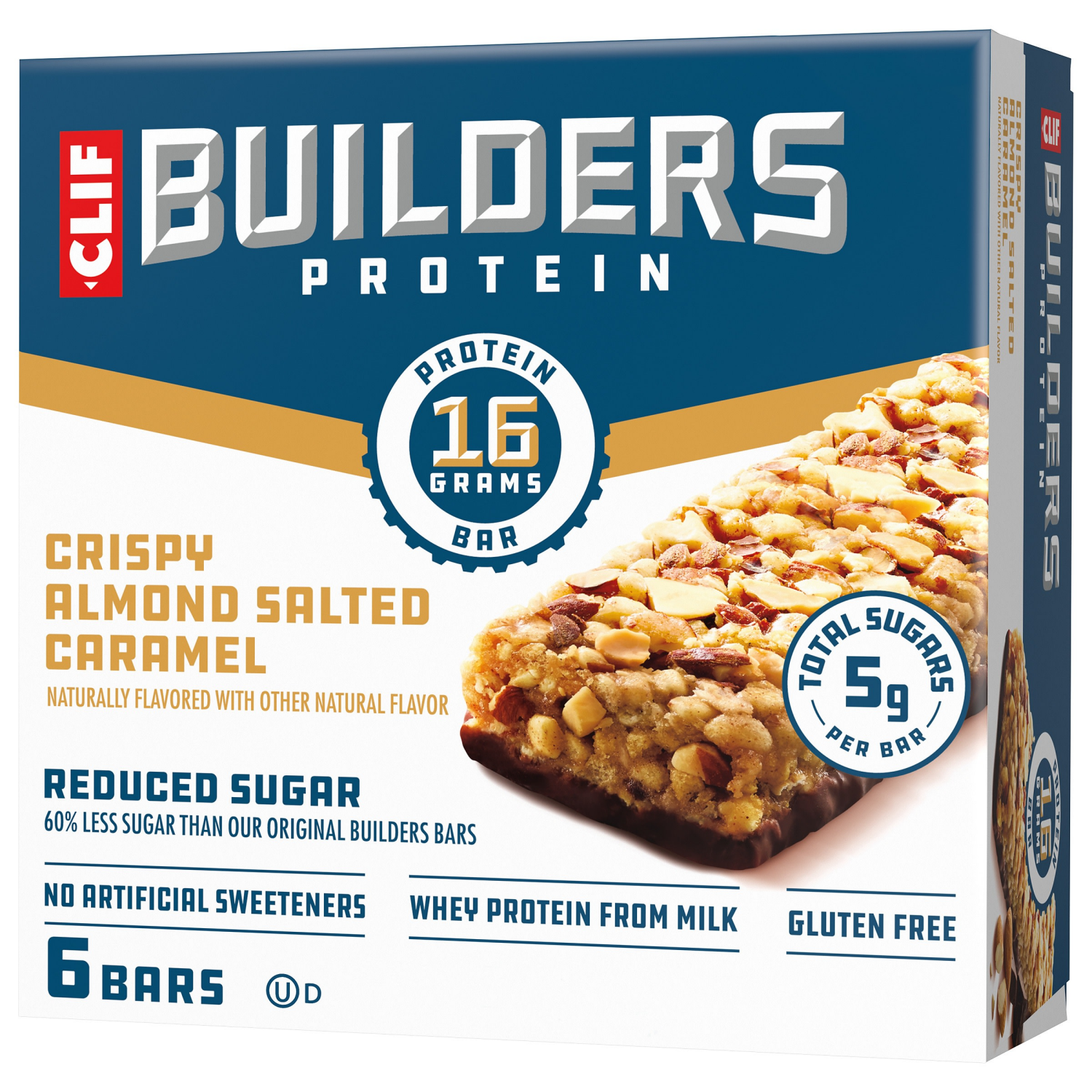 slide 1 of 8, CLIF Builders CLIF BUILDERS Protein Bars - Crispy Almond Salted Caramel - Reduced Sugar - Gluten Free - 16g Protein - No Artificial Sweeteners - 1.97 oz. (6 Pack), 6 ct