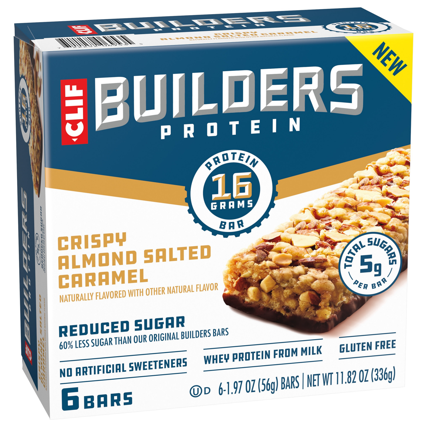 slide 6 of 8, CLIF Builders CLIF BUILDERS Protein Bars - Crispy Almond Salted Caramel - Reduced Sugar - Gluten Free - 16g Protein - No Artificial Sweeteners - 1.97 oz. (6 Pack), 6 ct