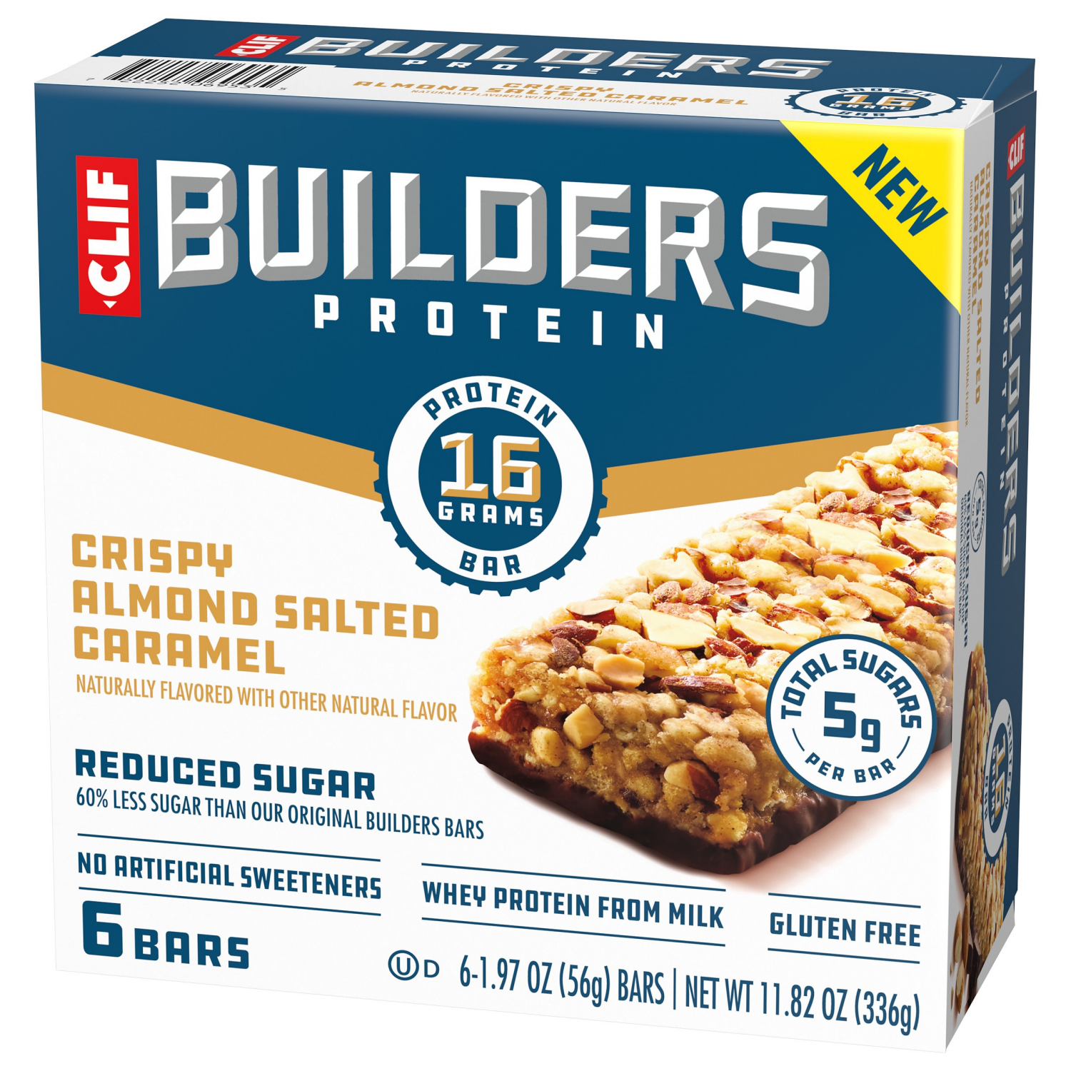 slide 7 of 8, CLIF Builders CLIF BUILDERS Protein Bars - Crispy Almond Salted Caramel - Reduced Sugar - Gluten Free - 16g Protein - No Artificial Sweeteners - 1.97 oz. (6 Pack), 6 ct