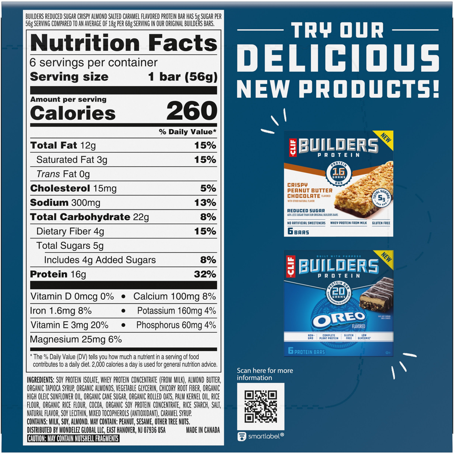 slide 8 of 8, CLIF Builders CLIF BUILDERS Protein Bars - Crispy Almond Salted Caramel - Reduced Sugar - Gluten Free - 16g Protein - No Artificial Sweeteners - 1.97 oz. (6 Pack), 6 ct