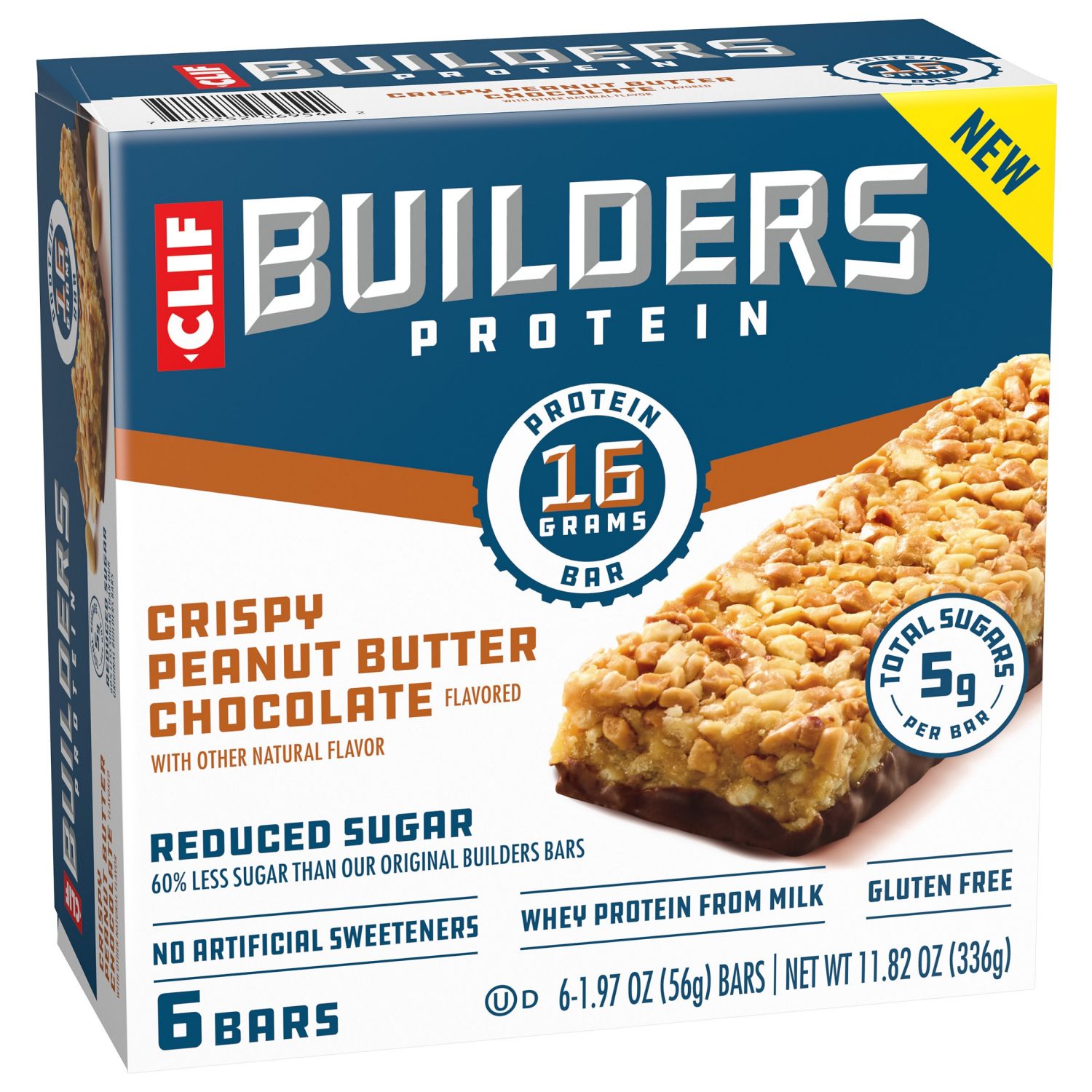 slide 6 of 8, CLIF Builders CLIF BUILDERS Protein Bars - Crispy Peanut Butter Chocolate Flavored - Reduced Sugar - Gluten Free - 16g Protein - No Artificial Sweeteners - 1.97 oz. (6 Pack), 6 ct