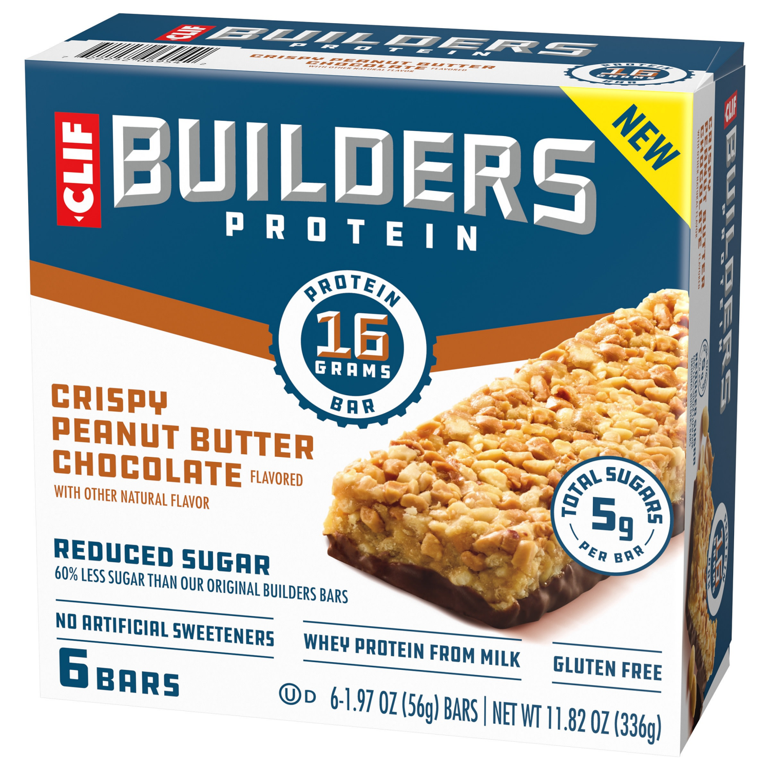 slide 7 of 8, CLIF Builders CLIF BUILDERS Protein Bars - Crispy Peanut Butter Chocolate Flavored - Reduced Sugar - Gluten Free - 16g Protein - No Artificial Sweeteners - 1.97 oz. (6 Pack), 6 ct
