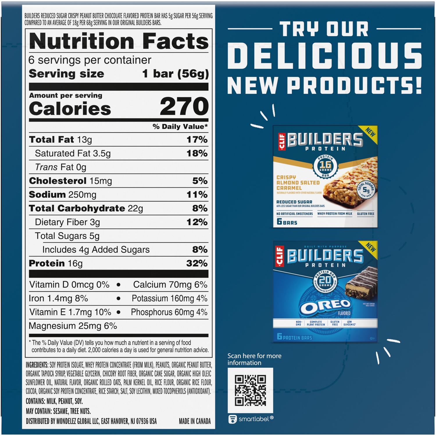slide 8 of 8, CLIF Builders CLIF BUILDERS Protein Bars - Crispy Peanut Butter Chocolate Flavored - Reduced Sugar - Gluten Free - 16g Protein - No Artificial Sweeteners - 1.97 oz. (6 Pack), 6 ct
