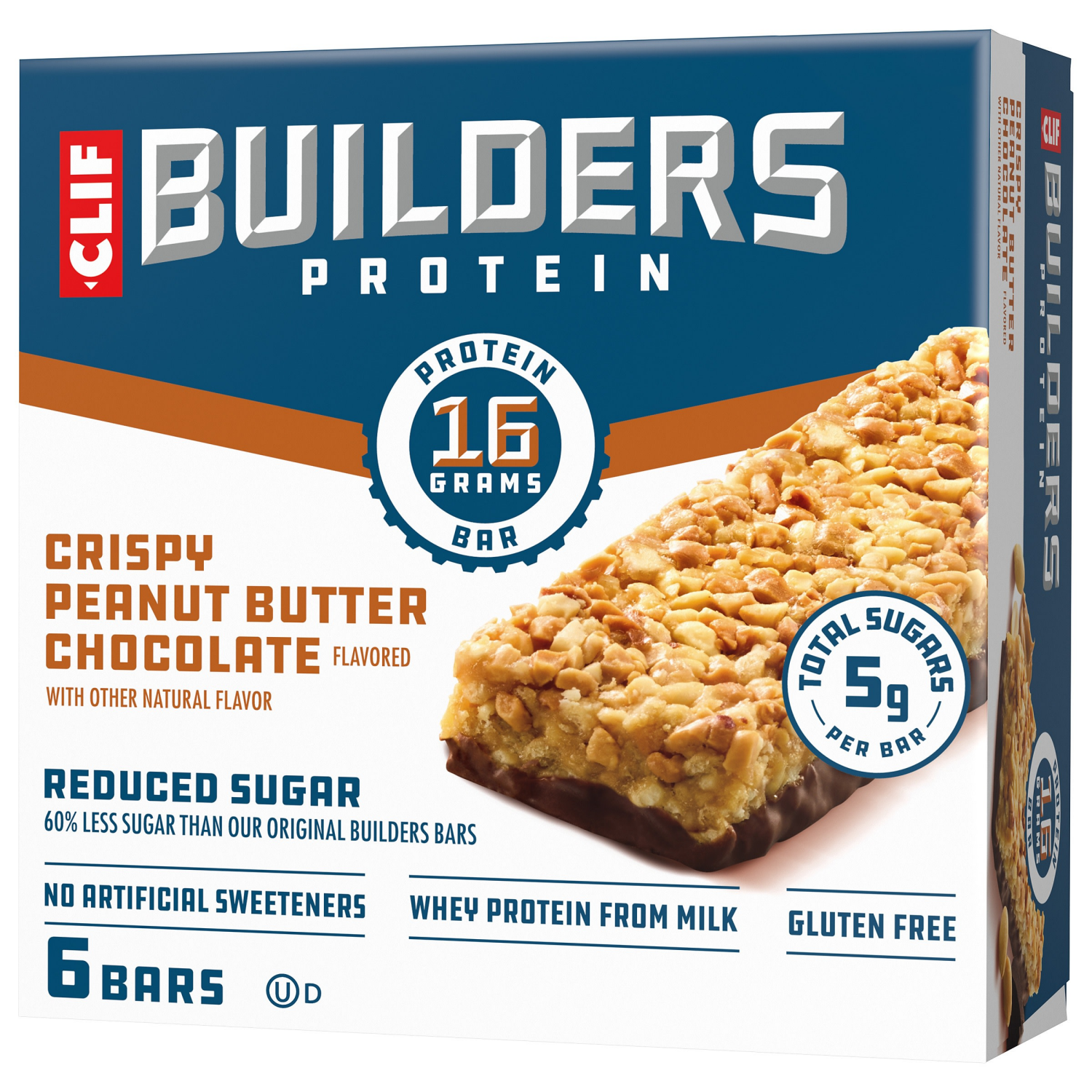slide 1 of 8, CLIF Builders CLIF BUILDERS Protein Bars - Crispy Peanut Butter Chocolate Flavored - Reduced Sugar - Gluten Free - 16g Protein - No Artificial Sweeteners - 1.97 oz. (6 Pack), 6 ct