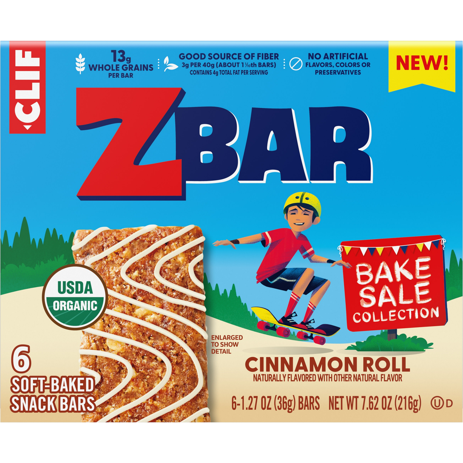 slide 8 of 8, CLIF Zbar - Bake Sale Collection - Cinnamon Roll - Soft Baked Snack Bars - Non-GMO - 13g Whole Grains - USDA Organic Granola Bars (6 Pack), 13 gram, 6 ct