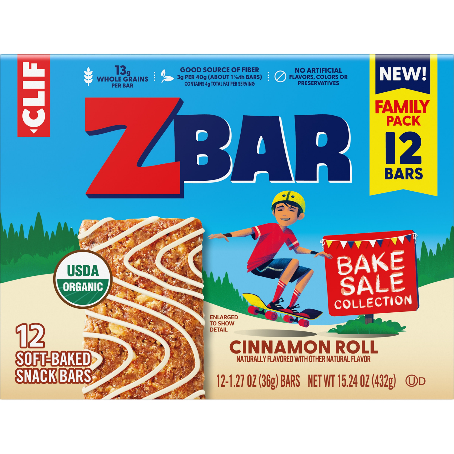slide 8 of 8, Clif Kid Zbar - Bake Sale Collection - Cinnamon Roll - Soft Baked Snack Bars - Non-GMO - 13g Whole Grains - USDA Organic Granola Bars (12 Pack), 15.24 oz