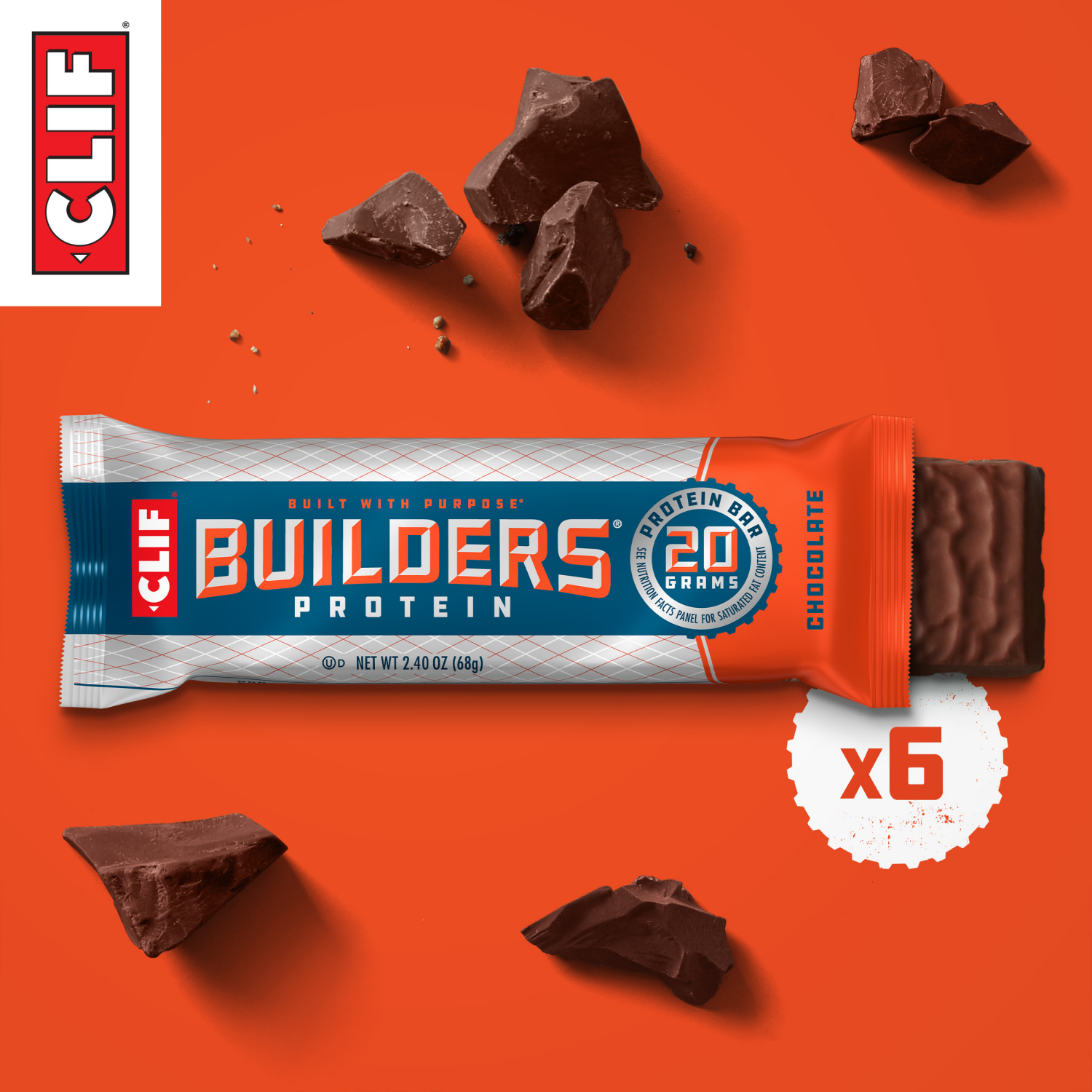 slide 6 of 8, CLIF Builders CLIF BUILDERS Protein Bars - Chocolate Flavor - 20g Plant Based Protein - Gluten Free - Non-GMO - Low Glycemic - No Artificial Sweeteners - 2.4 oz. (6 Pack), 6 ct