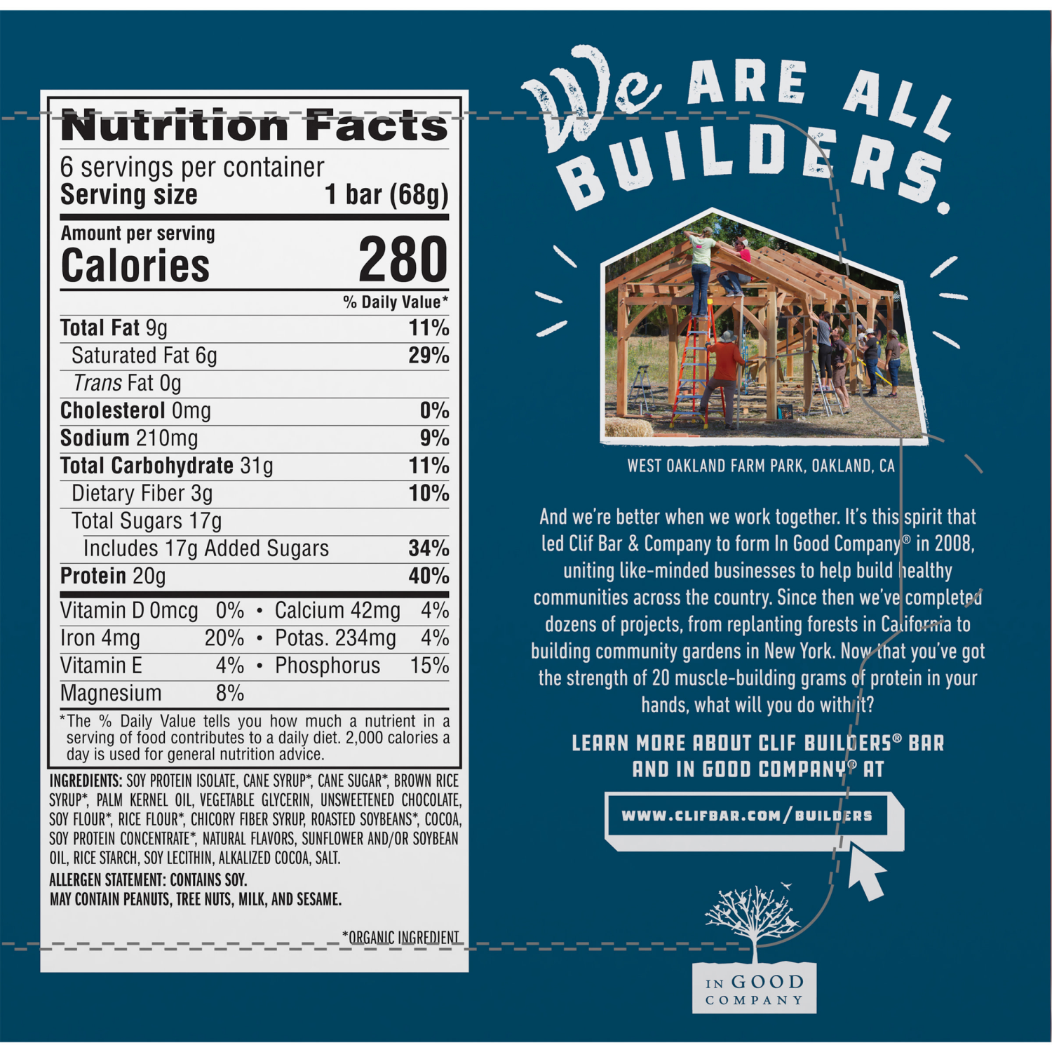 slide 8 of 8, CLIF Builders CLIF BUILDERS Protein Bars - Chocolate Flavor - 20g Plant Based Protein - Gluten Free - Non-GMO - Low Glycemic - No Artificial Sweeteners - 2.4 oz. (6 Pack), 6 ct