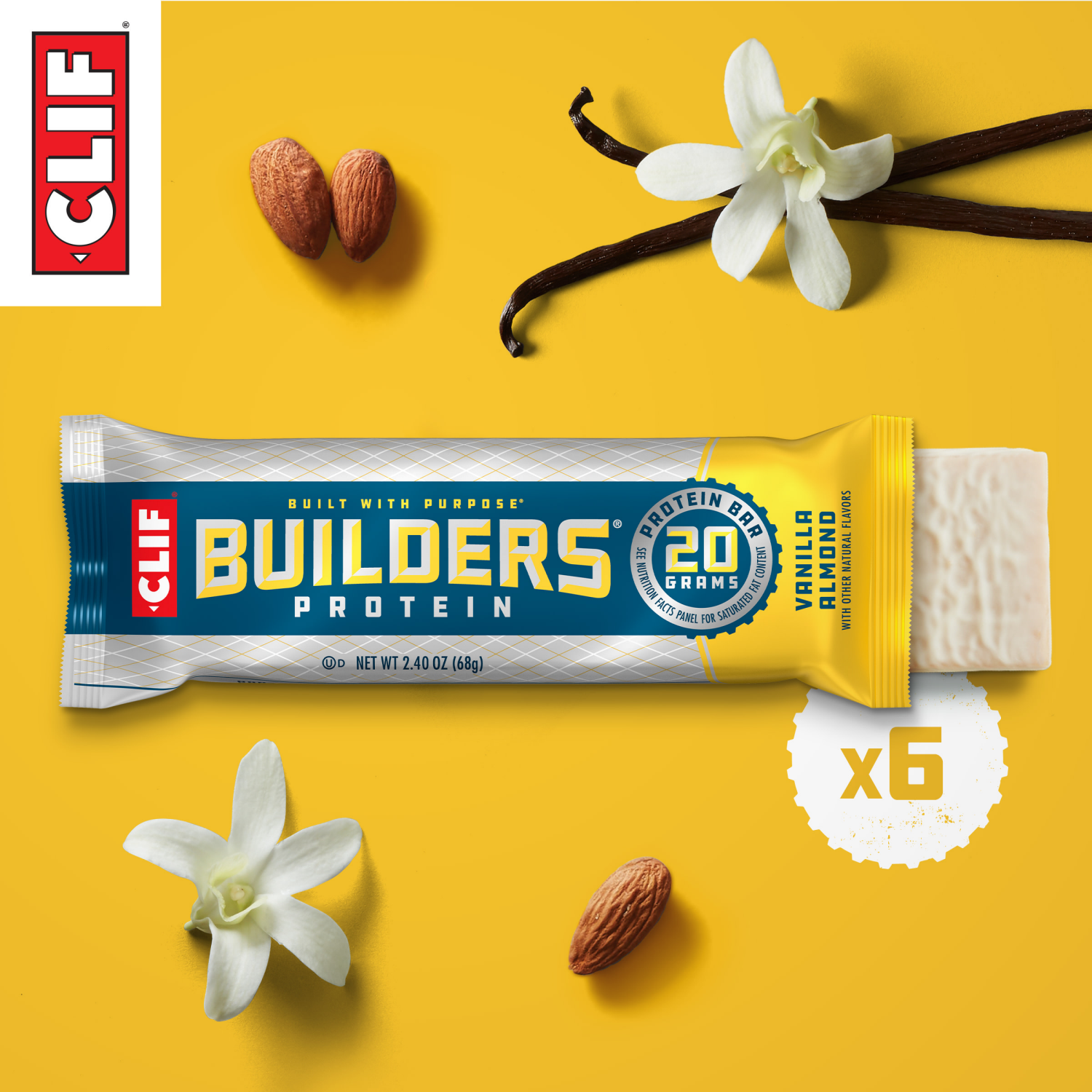 slide 5 of 8, CLIF BUILDERS Protein Bars - Vanilla Almond Flavor - 20g Plant Based Protein - Gluten Free - Non-GMO - Low Glycemic - No Artificial Sweeteners - 2.4 oz. (6 Pack), 14.4 oz