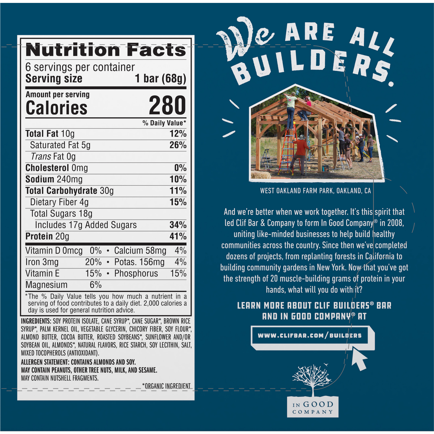 slide 8 of 8, CLIF Builders CLIF BUILDERS Protein Bars - Vanilla Almond Flavor - 20g Plant Based Protein - Gluten Free - Non-GMO - Low Glycemic - No Artificial Sweeteners - 2.4 oz. (6 Pack), 6 ct