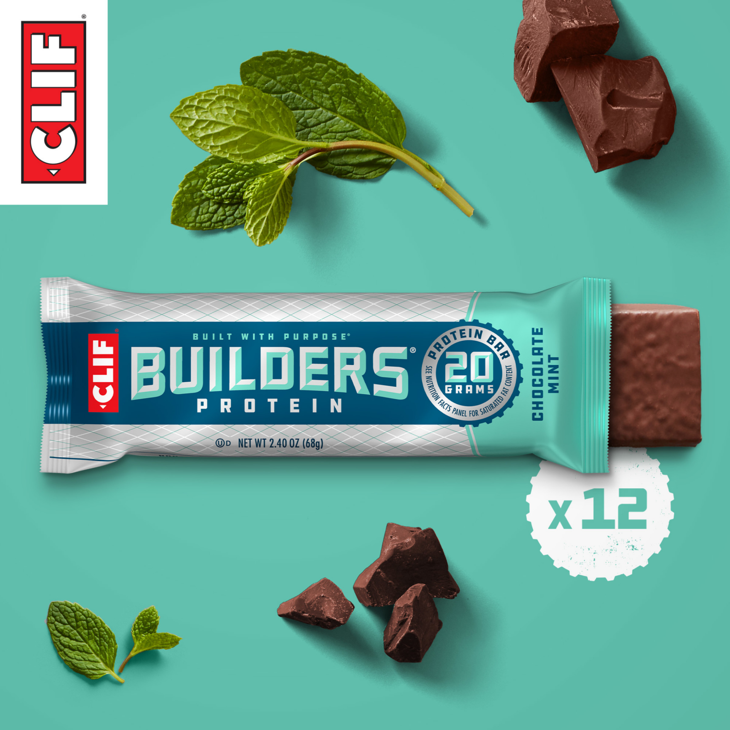 slide 7 of 8, CLIF Builders CLIF BUILDERS Protein Bars - Chocolate Mint Flavor - 20g Plant Based Protein - Gluten Free - Non-GMO - Low Glycemic - No Artificial Sweeteners - Value Pack, 2.4 oz. (12 Count), 12 ct