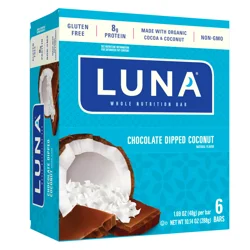 LUNA Bar - Chocolate Dipped Coconut Flavor - Snack Bars - Non-GMO - Gluten-Free Protein Bars - Made with Organic Oats (6 Pack)