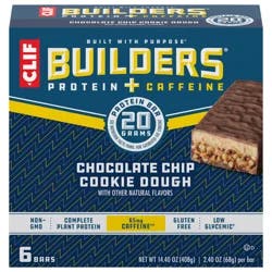 CLIF Builders CLIF BUILDERS + Caffeine Protein Bars - Chocolate Chip Cookie Dough Flavor - 20g Plant Based Protein - Gluten Free - Non-GMO - Low Glycemic - No Artificial Sweeteners - 2.4 oz. (6 Pack)