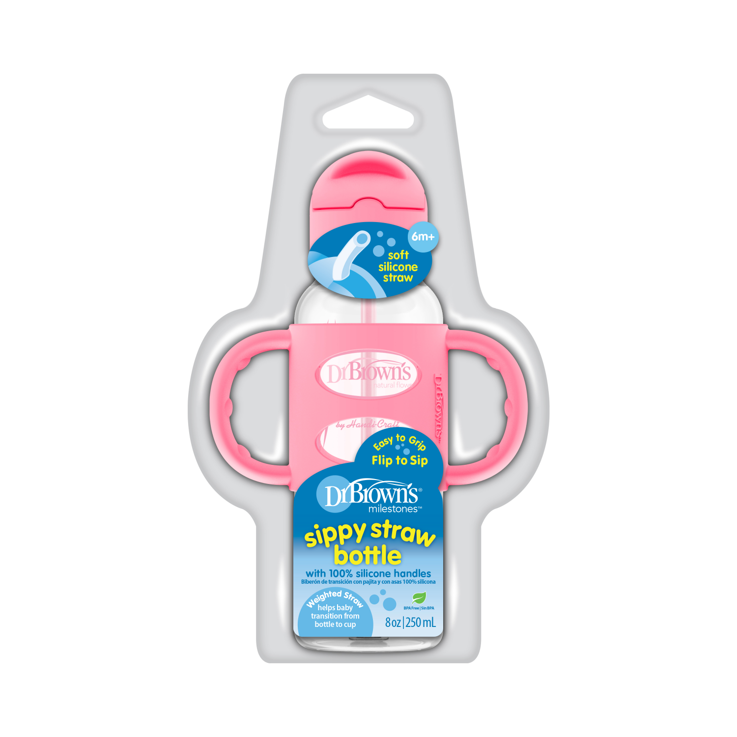 slide 2 of 2, Dr. Brown's Sippy Straw Bottle w/ Silicone Handles, Pink, 8 oz