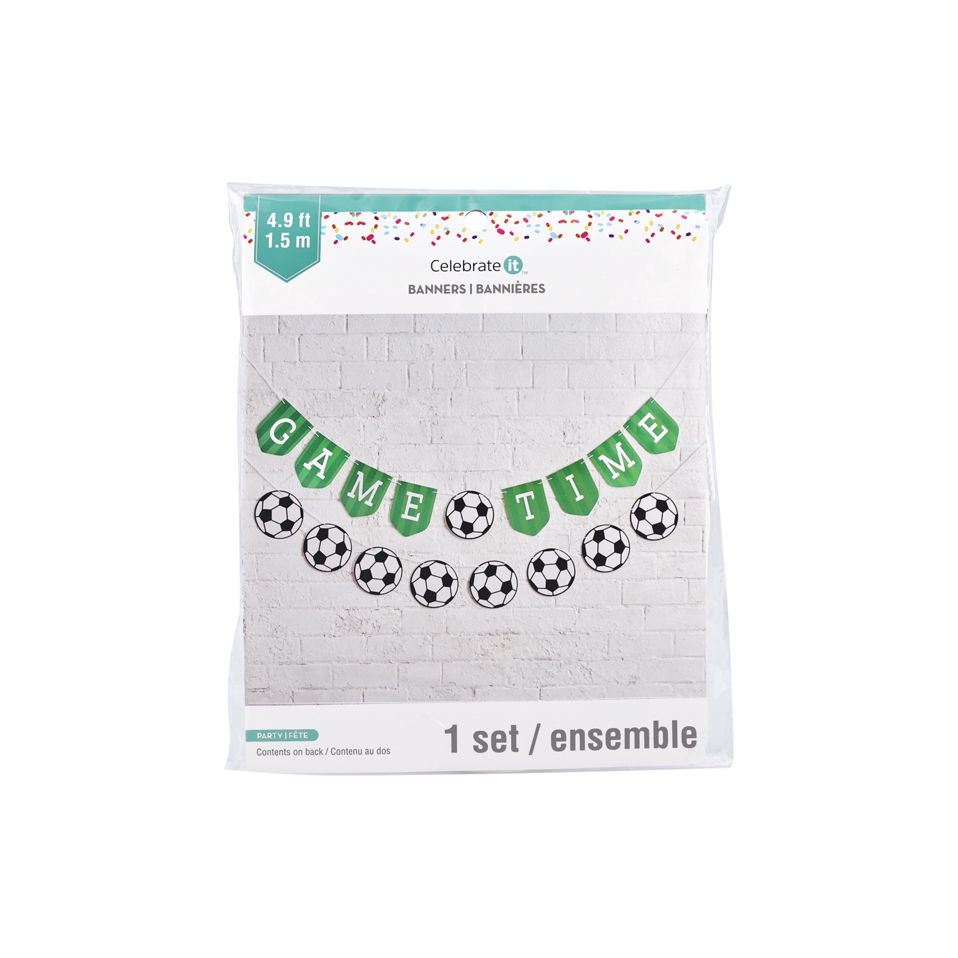 slide 2 of 3, 5ft. Green, Black & White Game Time Soccer Banner Set By Celebrate It, 5 ft
