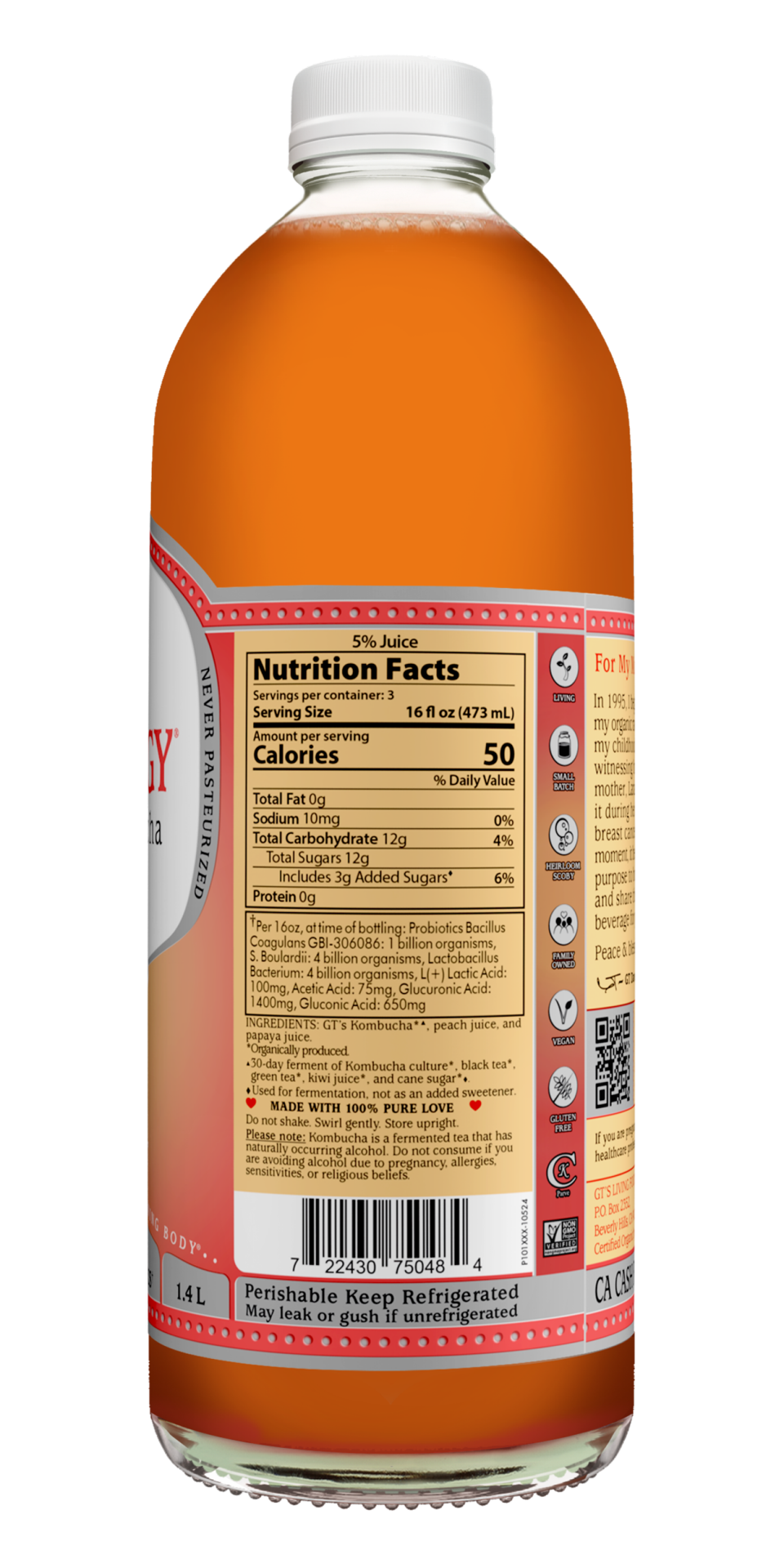 slide 2 of 2, Gt Enlightened Synergy Kombucha Peach Paradise 48.000 Fo, 48 fl oz