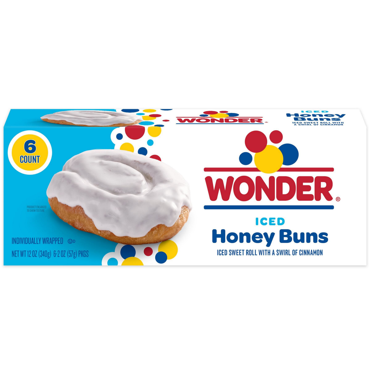 slide 1 of 1, Wonder Iced Honey Buns, Individually Wrapped Iced Pastry Snacks, 12 oz, 6 Count, 6 ct
