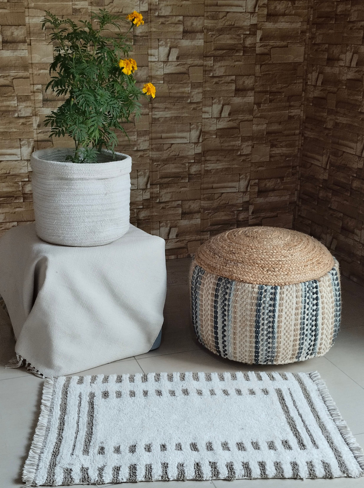 slide 2 of 2, Striped Squares Bath Rug, 20 in x 32 in & 17 in x 24 in, Natural, 20 in x 32 in