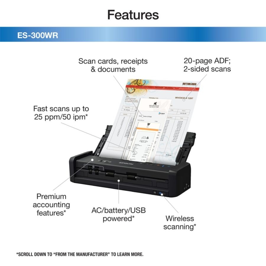 slide 2 of 10, Epson Workforce Es-300Wr Wireless Color Document Scanner: Accounting Edition, 1 ct