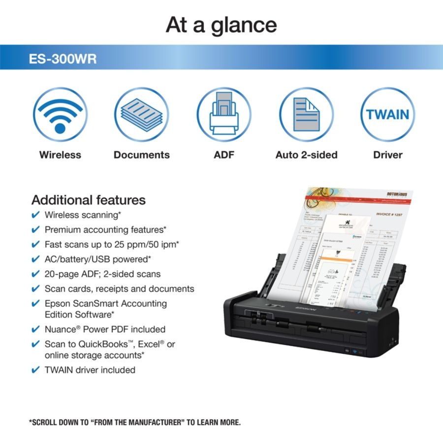 slide 9 of 10, Epson Workforce Es-300Wr Wireless Color Document Scanner: Accounting Edition, 1 ct