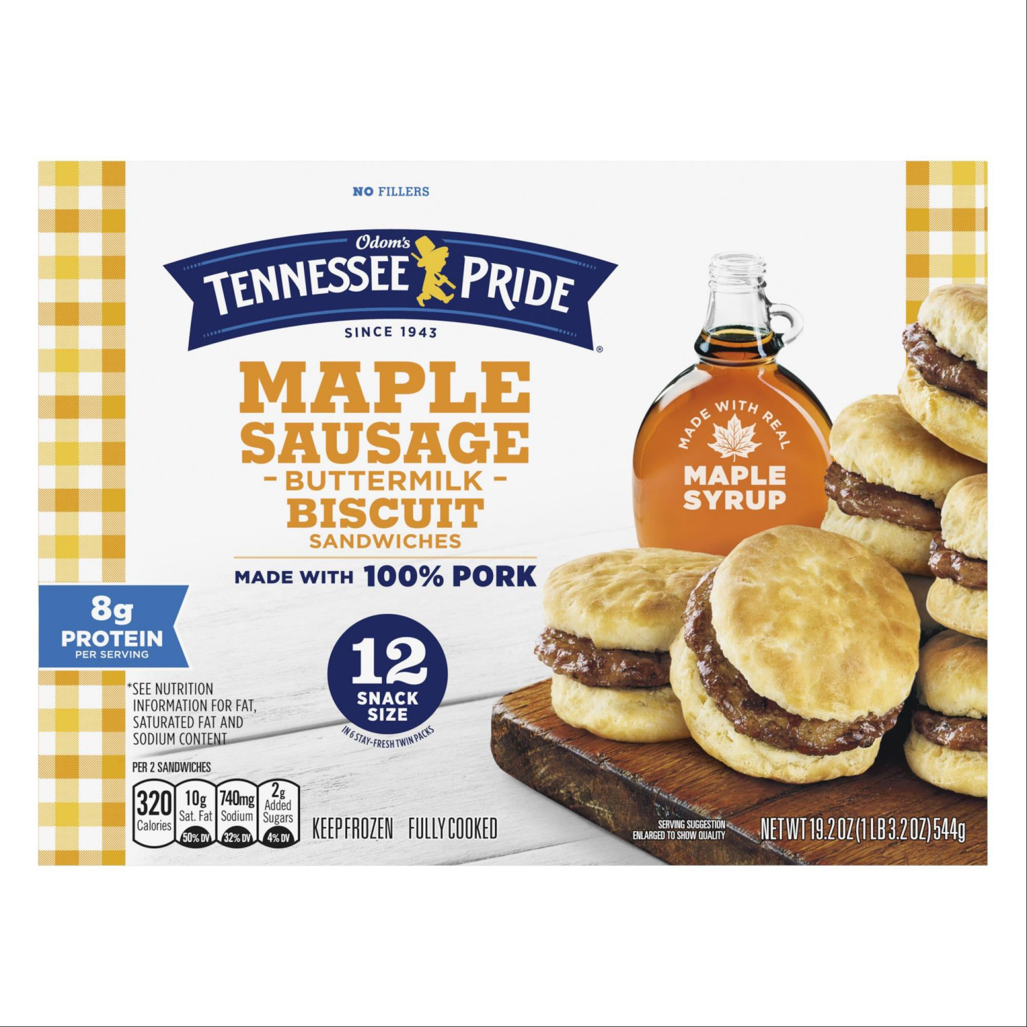 slide 2 of 8, Odom's Tennessee Pride Odom''s Tennessee Pride Maple Sausage Buttermilk Biscuit Frozen Breakfast Sandwiches Snack Size 12-ct, 19.2 oz