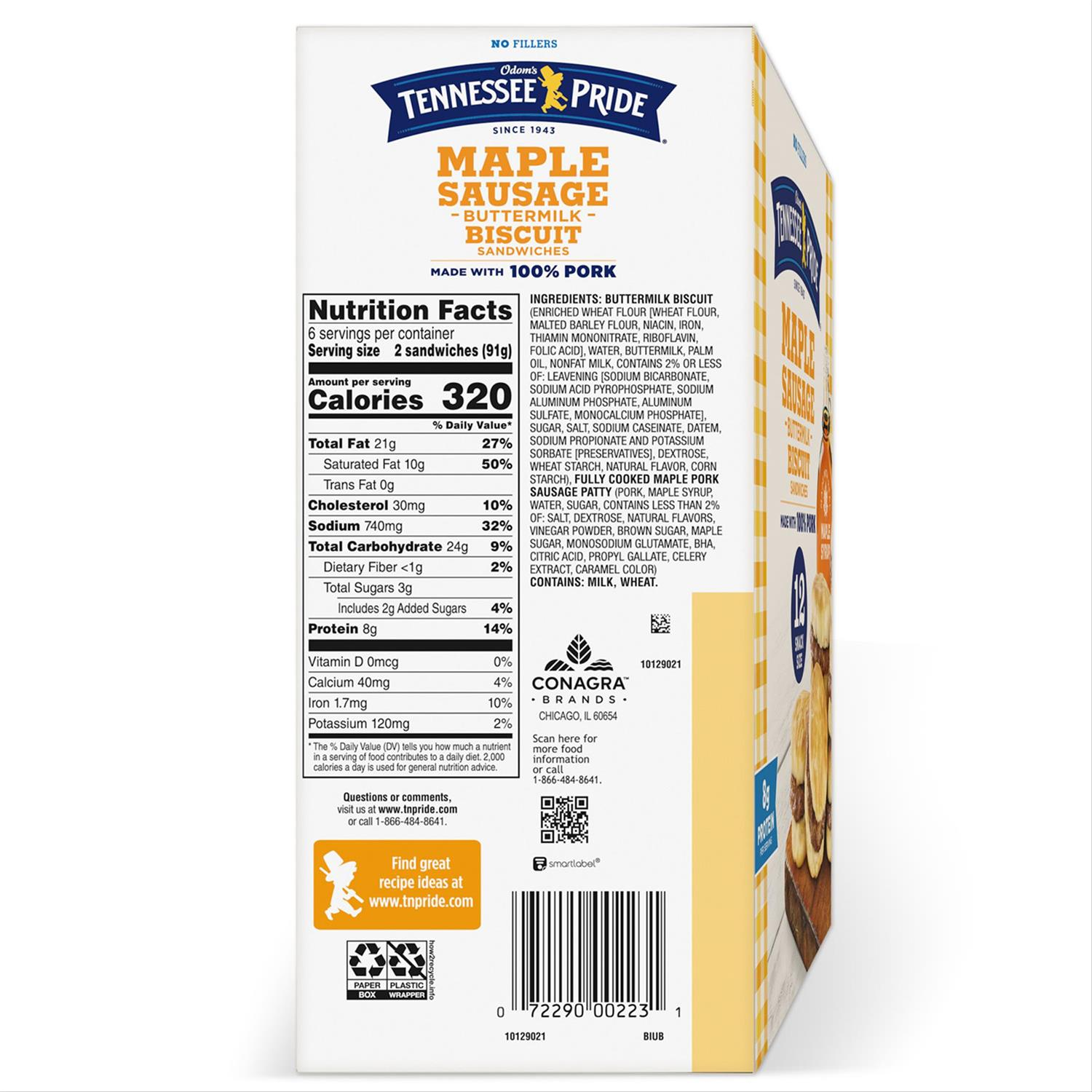 slide 8 of 8, Odom's Tennessee Pride Odom''s Tennessee Pride Maple Sausage Buttermilk Biscuit Frozen Breakfast Sandwiches Snack Size 12-ct, 19.2 oz