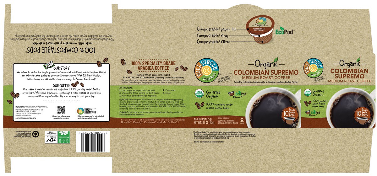 slide 4 of 12, Full Circle Market Medium Roast Colombian Supremo 100% Arabica Coffee Single Serve Pods, 3.59 oz