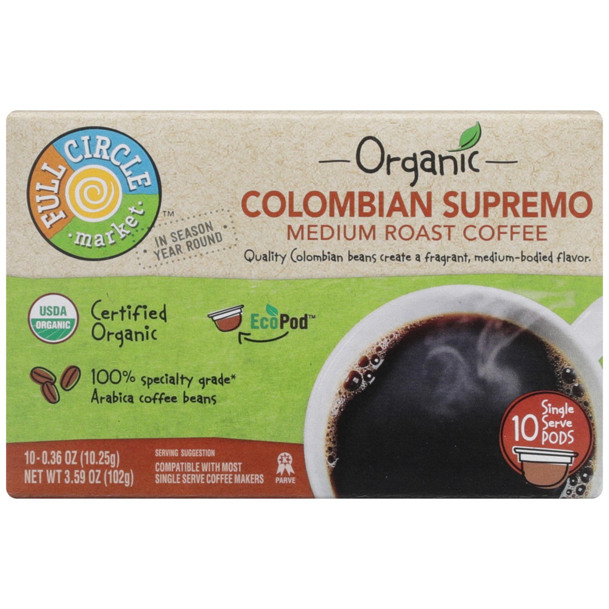 slide 6 of 12, Full Circle Market Medium Roast Colombian Supremo 100% Arabica Coffee Single Serve Pods, 3.59 oz