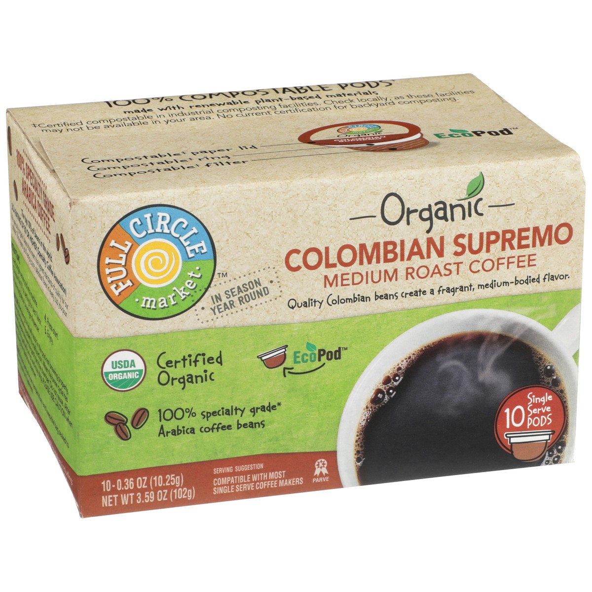 slide 12 of 12, Full Circle Market Medium Roast Colombian Supremo 100% Arabica Coffee Single Serve Pods, 3.59 oz