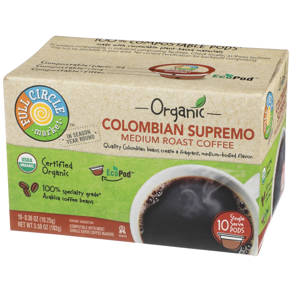 slide 10 of 12, Full Circle Market Medium Roast Colombian Supremo 100% Arabica Coffee Single Serve Pods, 3.59 oz