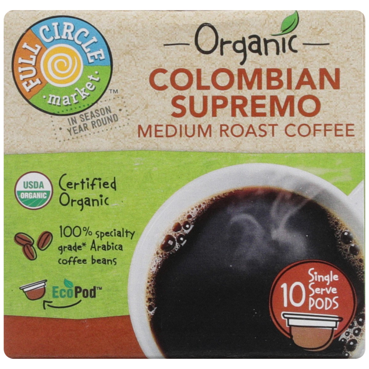 slide 11 of 12, Full Circle Market Medium Roast Colombian Supremo 100% Arabica Coffee Single Serve Pods, 3.59 oz