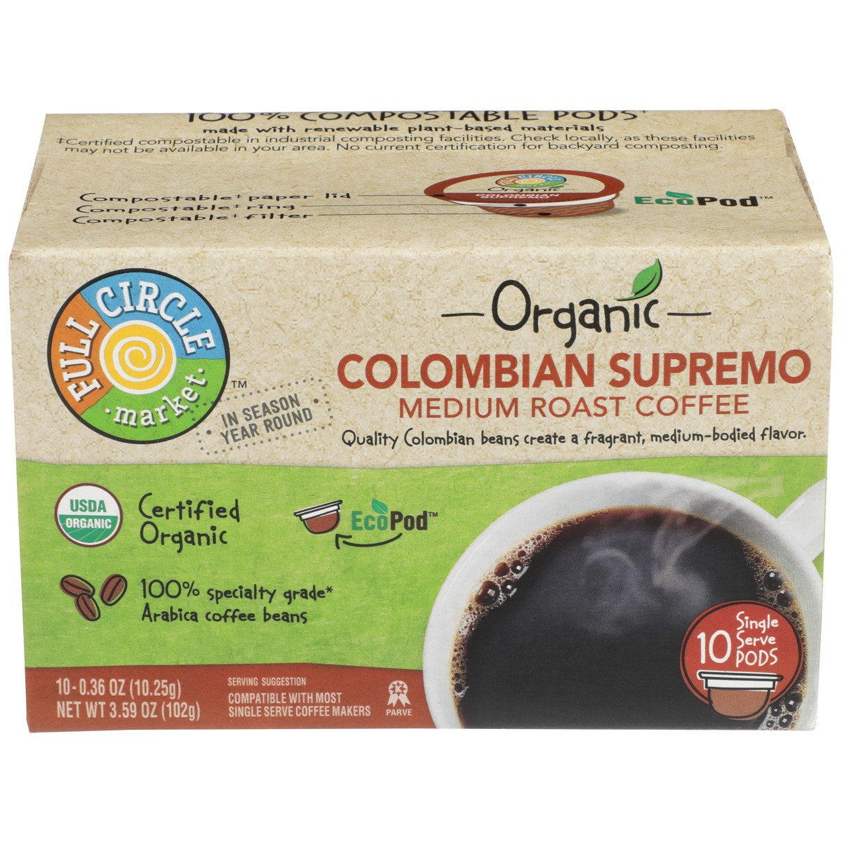 slide 1 of 12, Full Circle Market Medium Roast Colombian Supremo 100% Arabica Coffee Single Serve Pods, 3.59 oz