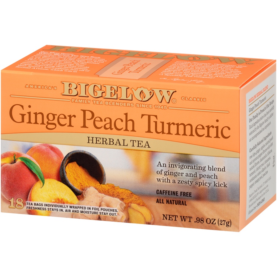slide 3 of 7, Bigelow Herbal Tea Ginger Peach Turmeric Caffeine Free Tea Bags, 18 ct