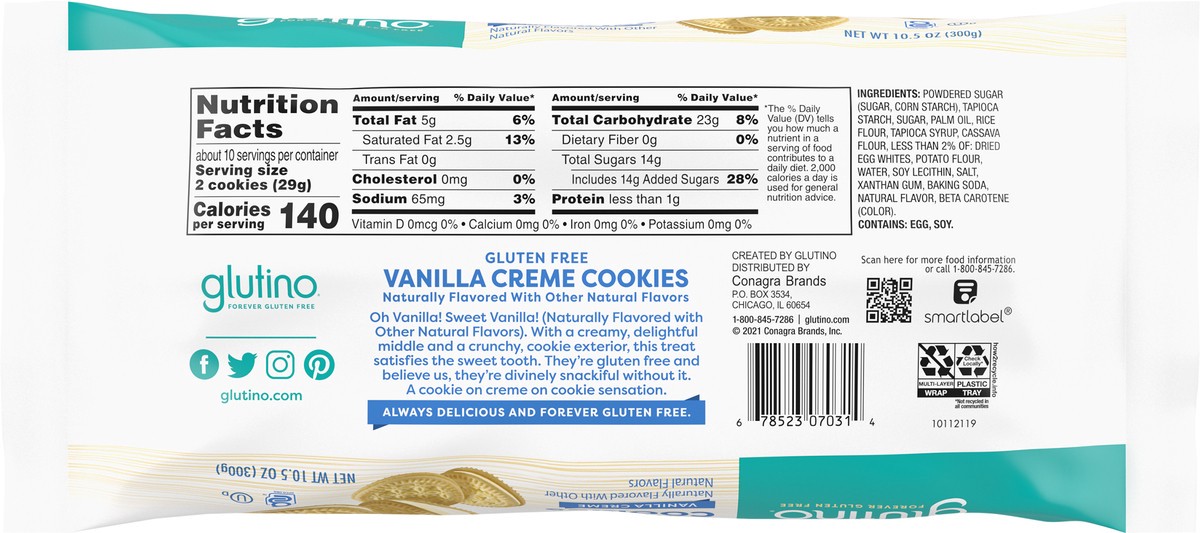 slide 6 of 8, Glutino Gluten Free Vanilla Creme Cookies, 10.5 oz