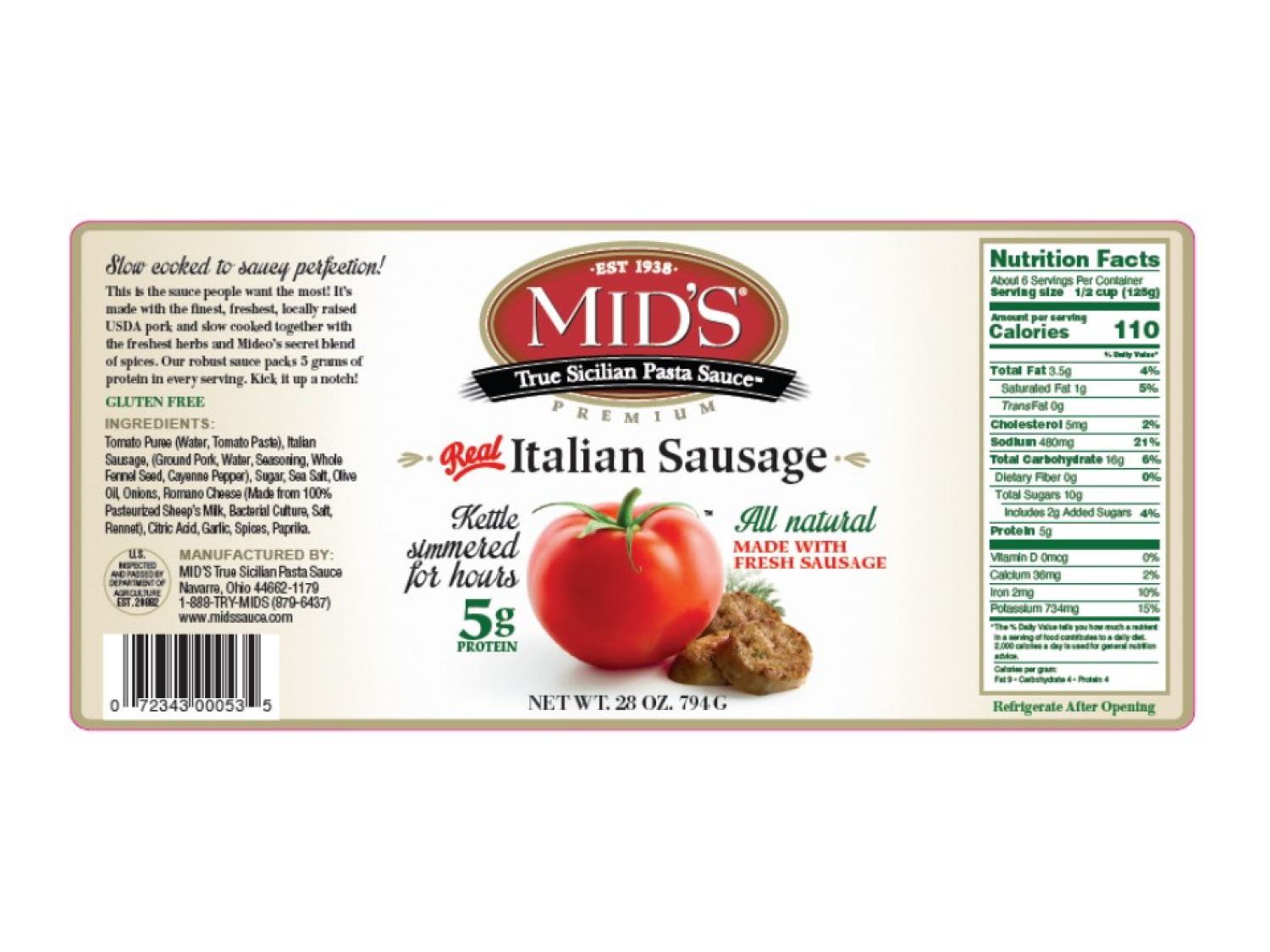slide 2 of 2, Mid's Italian Sausage Pasta Sauce 28 oz, 28 oz