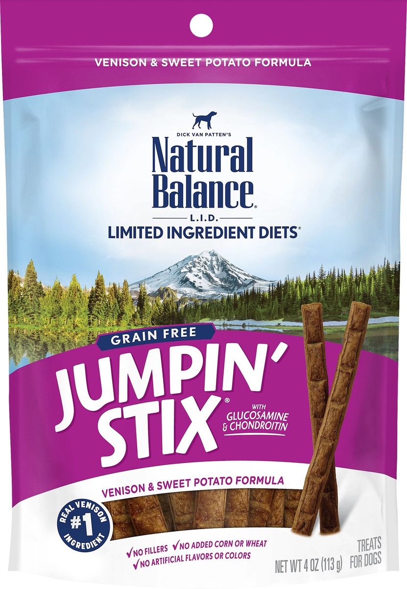 slide 6 of 7, Natural Balance Treats for Dogs, Grain Free, Venison & Sweet Potato Formula, Jumpin' Stix, 4 oz