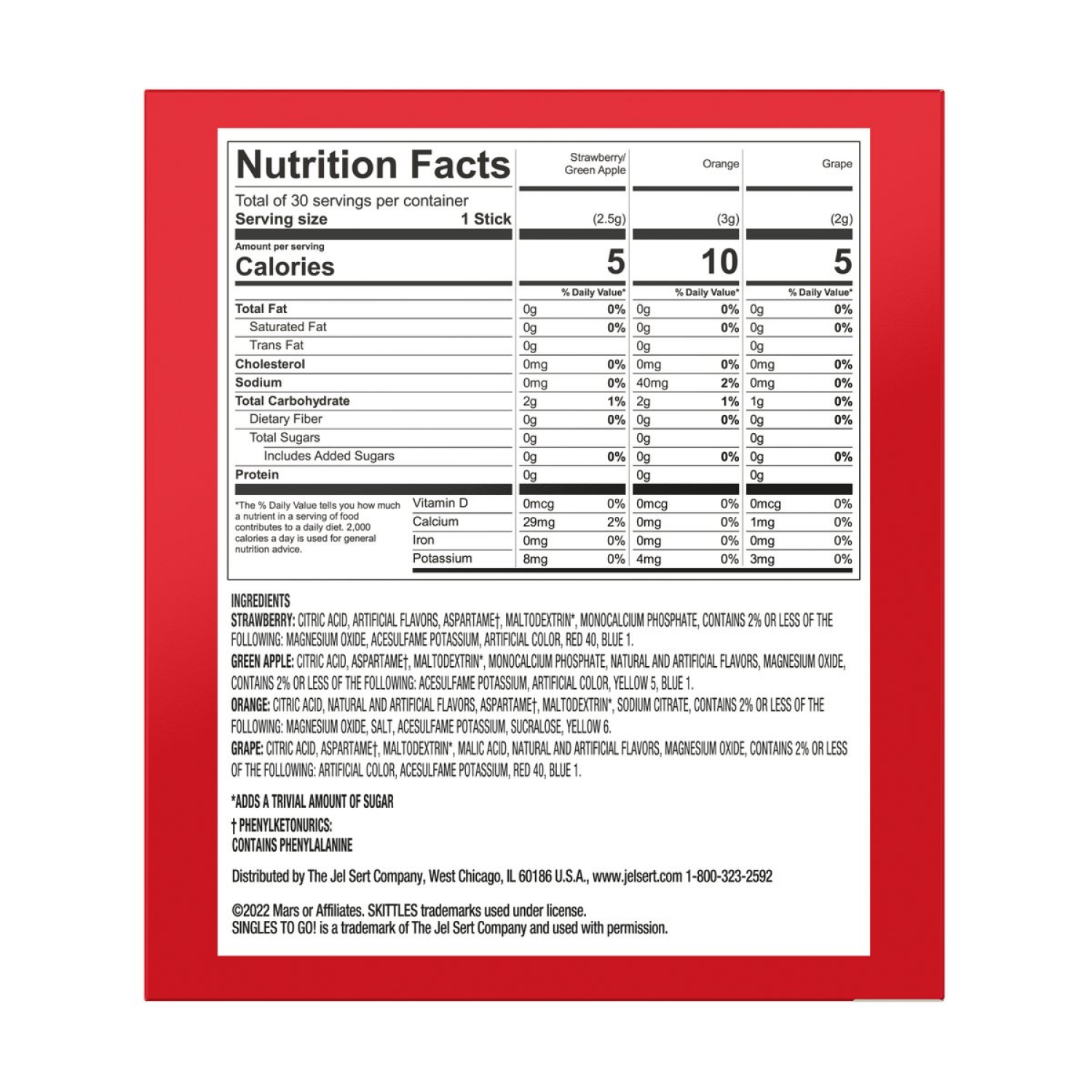 slide 2 of 2, Skittles Zero Sugar Singles To Go Original Drink Mix Variety Pack 30 ea, 30 ct