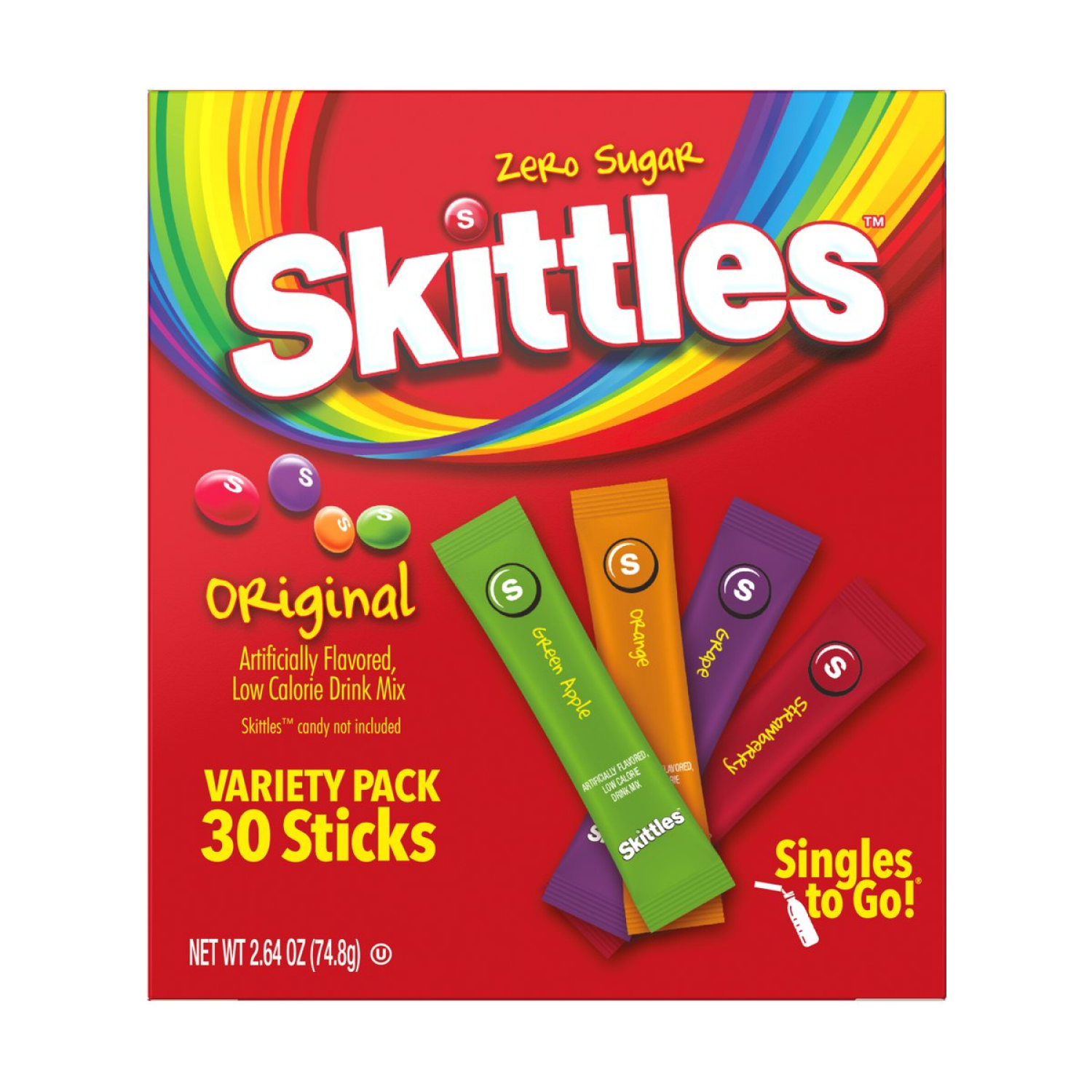 slide 1 of 2, Skittles Zero Sugar Singles To Go Original Drink Mix Variety Pack 30 ea, 30 ct